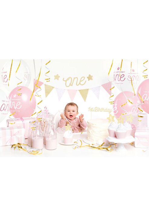 Party Deko SET6-019 -Set Decorazione Festa - 1° Compleanno Rosa/Argento ()