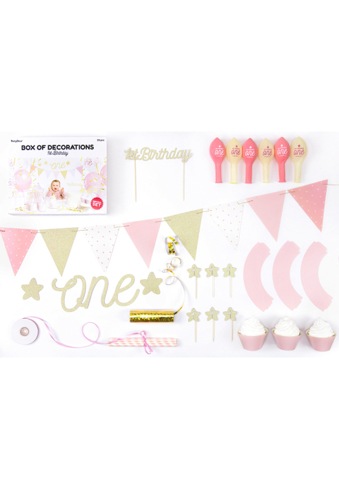 Party Deko SET6-019 -Set Decorazione Festa - 1° Compleanno Rosa/Argento