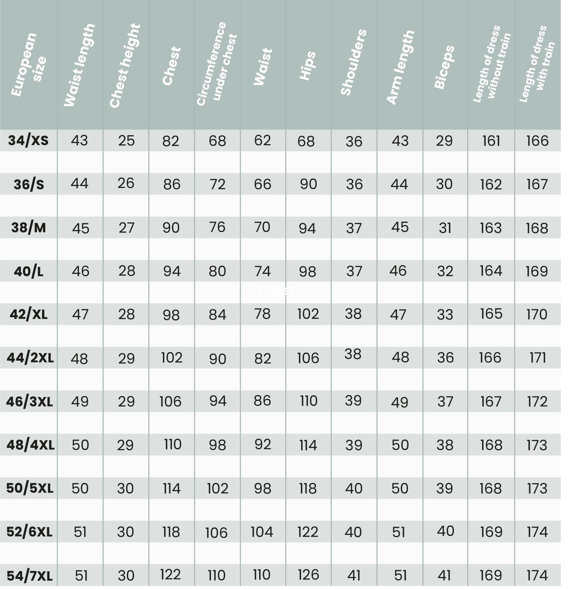 Size table weddingdresses Bride Now)