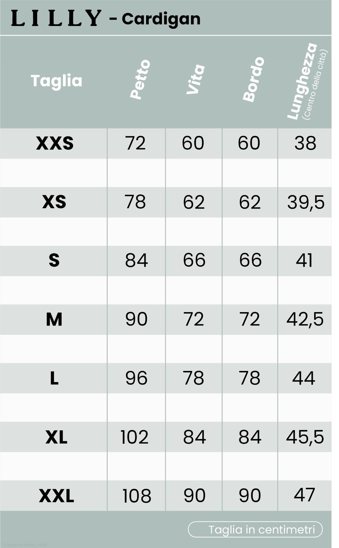 Cardigan Lilly tabella delle taglie