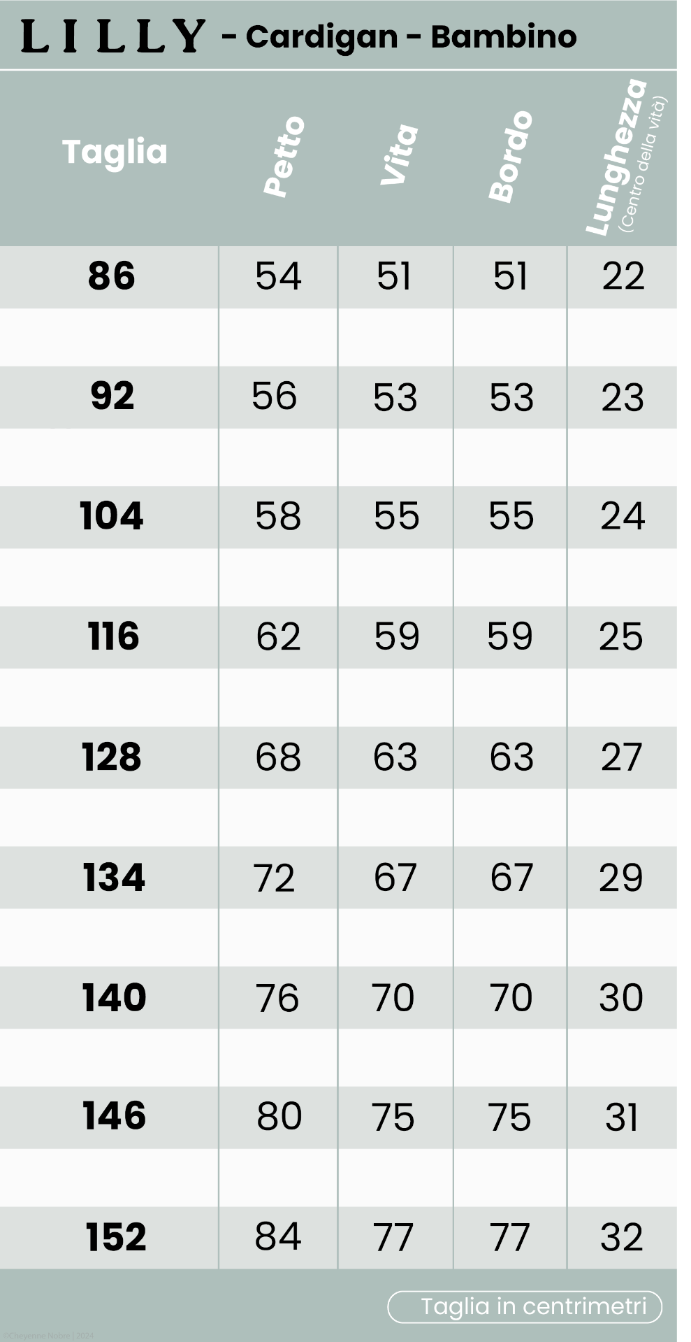 Cardigan Lilly (bambino) tabella delle taglie
