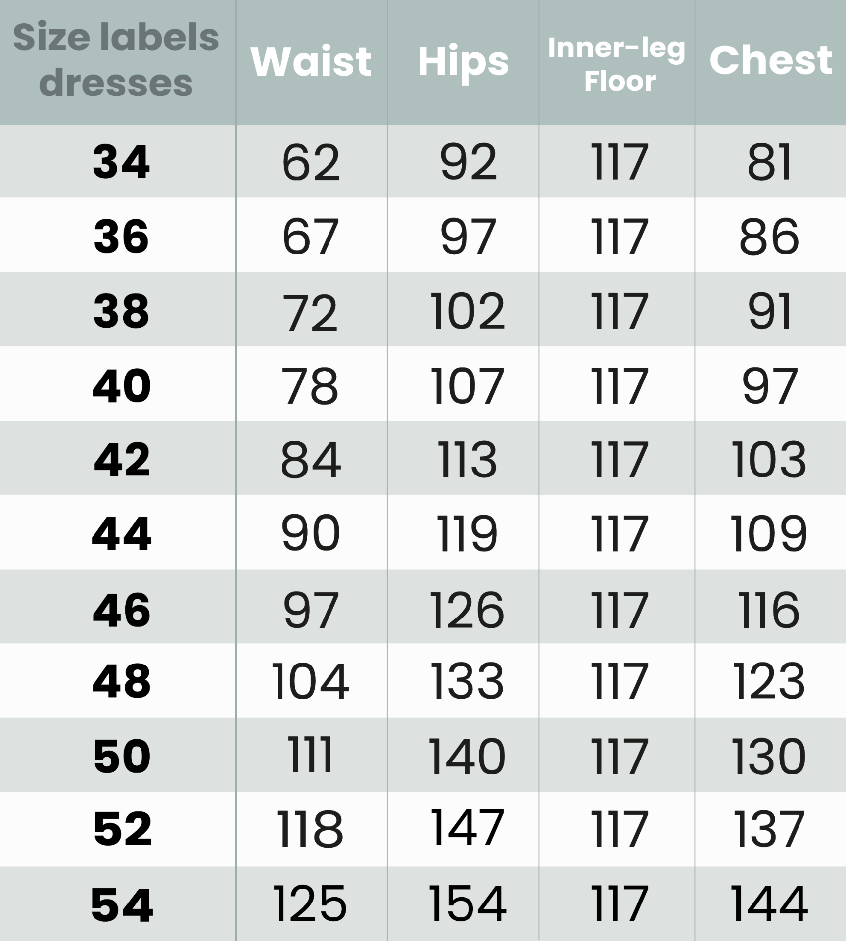 Size table Lilly wedding dresses